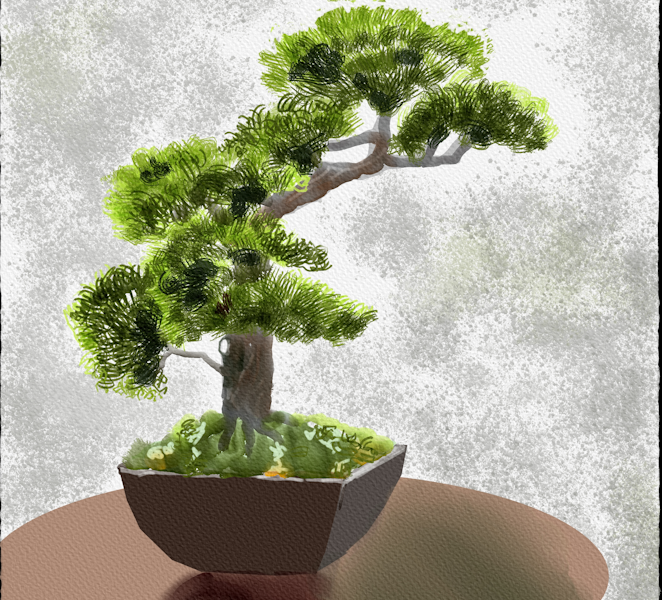 Bonsai in Schale auf Holzfläche Digital malen Tagebuch Rebelle 8